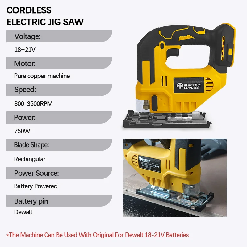 Electric Goddess Brushless Jigsaw Electric Jig with Saw Blade Cordless Barrel Handle Jigsaw Tool For Dewalt 20V Battery Pin