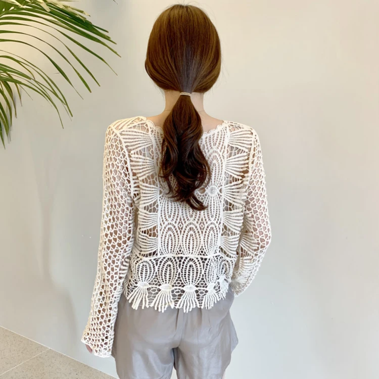 Boho Crochet Knit Top for Women Embroidery Lace Long Sleeve Openwork Pullovers Summer Cover Up Vacation Outfit