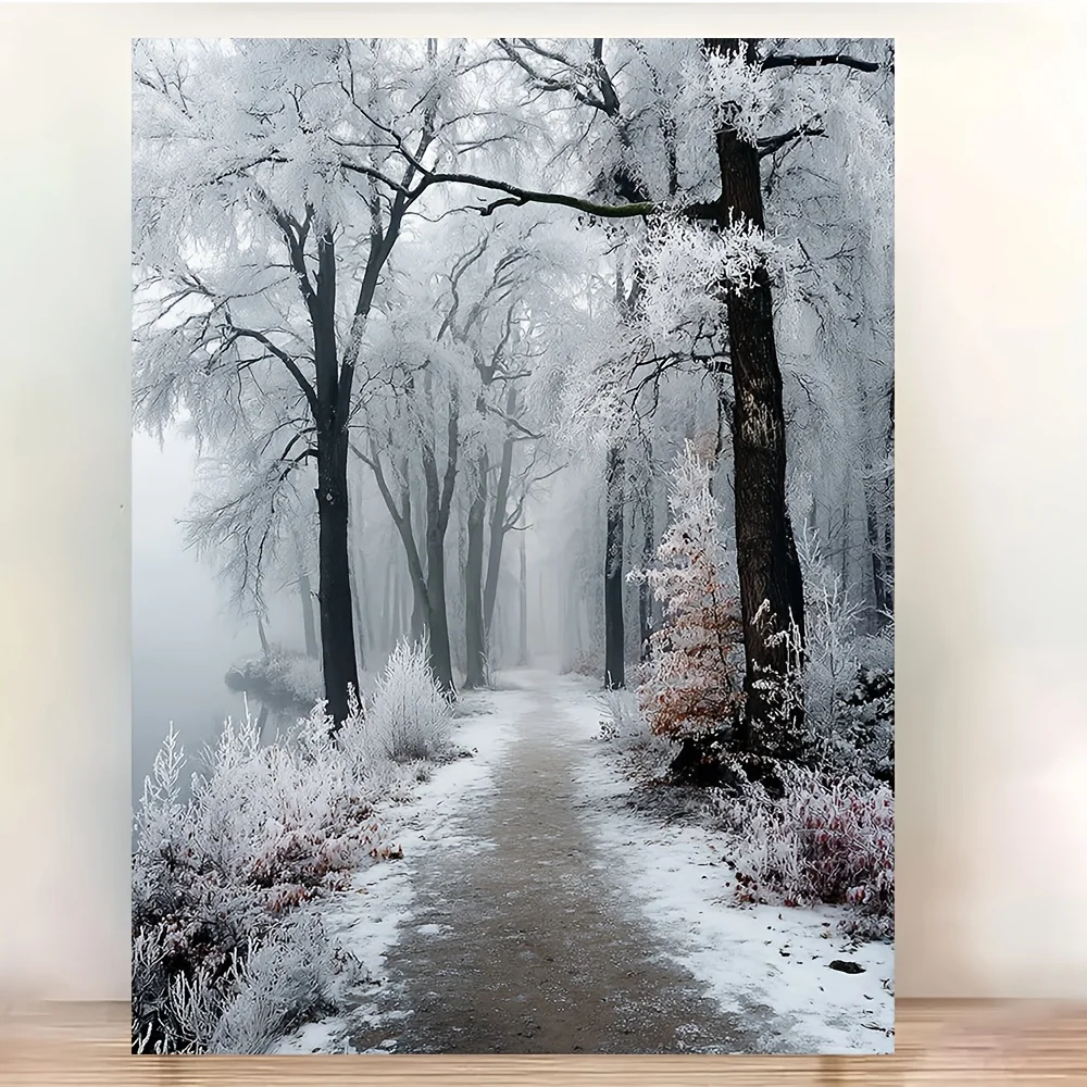 2D Flat, 2D Flat, Posters And Prints 2D Flat, 30.48X40.64 cm Winter Forest Snowscape Canvas Wall Art - Monochromatic Hazy Sce