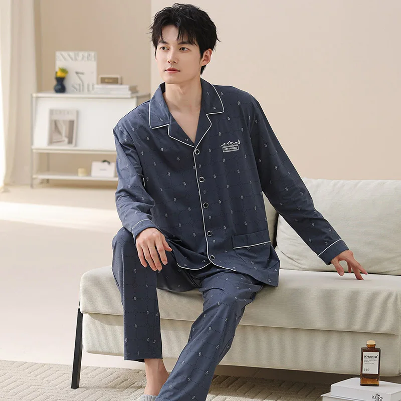 Plus Size L-4XL Men Pajamas Set 100% Cotton Sleepwear Male Spring and Autumn Long Sleeve Pyjamas