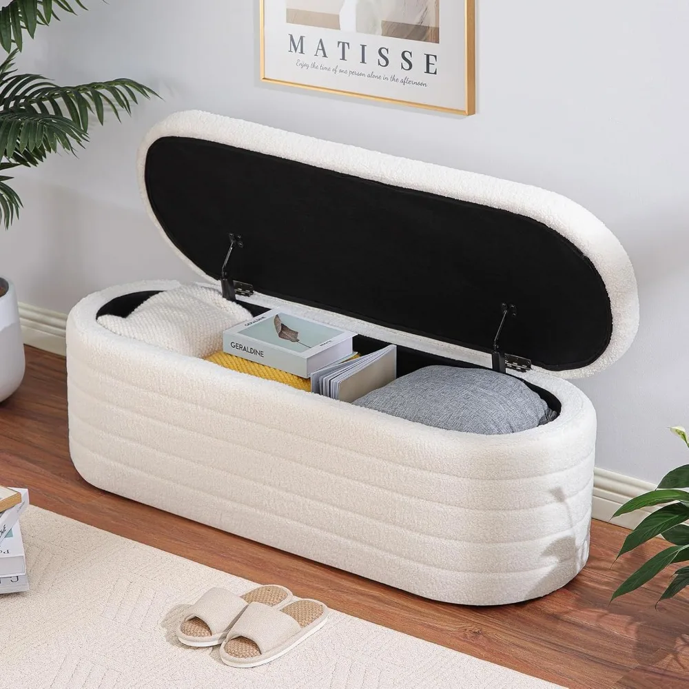 Modern Upholstered Storage Ottoman Bench, White Oval Window Seat with Safety Hinge Lid, Living Room Furniture