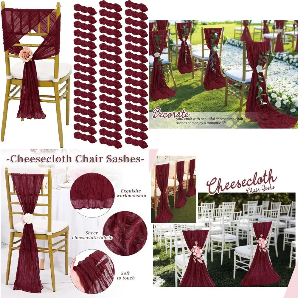 

50 Pack Cheesecloth Chair Sashes, 15.7x70 inch Bows, Elegant Chair Decorations for Weddings, Banquets, and Parties in Burgundy