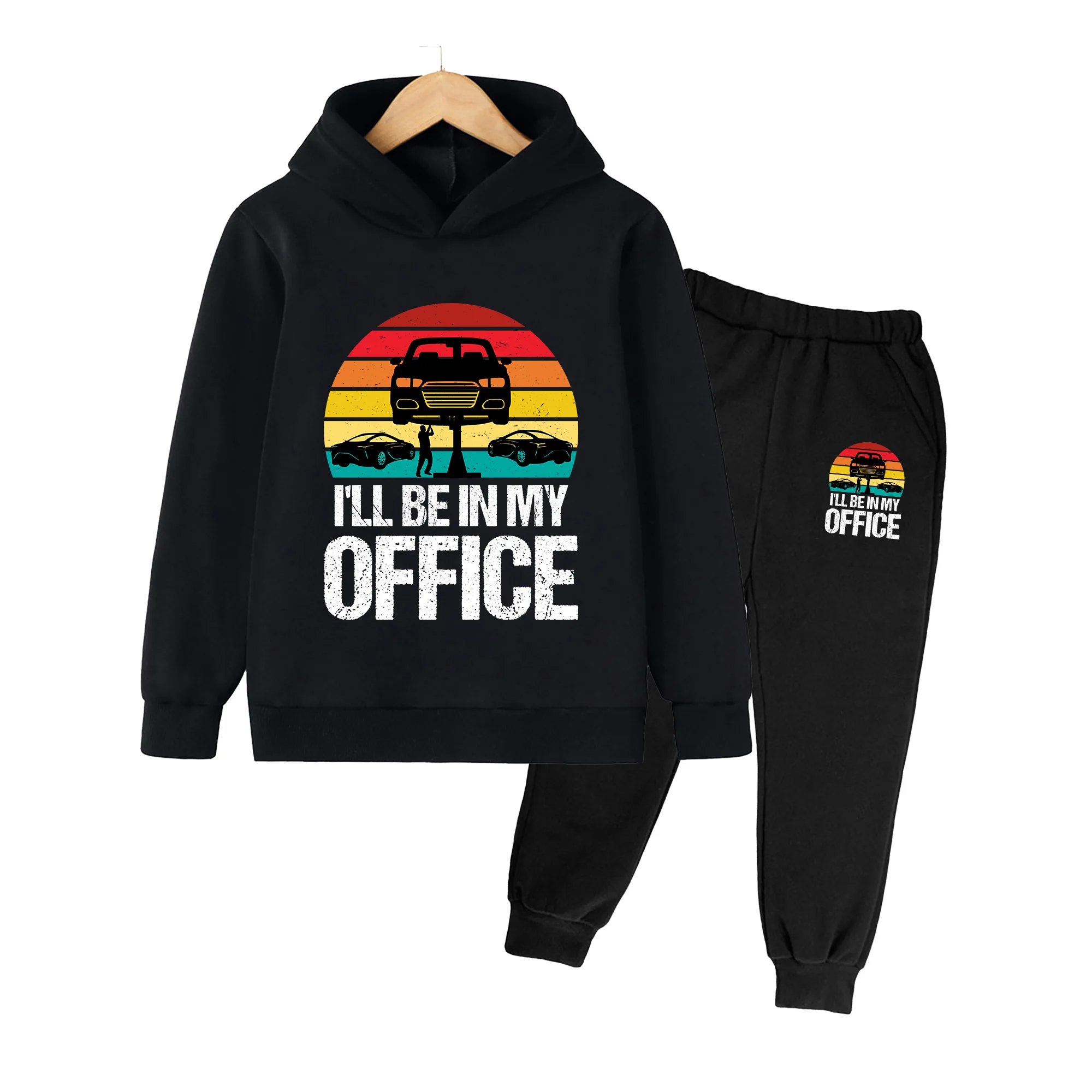 Kids Hoodie & Sweatpants Set, Retro Car Mechanic Print Casual Sportswear for Boys Girls Daily Wear