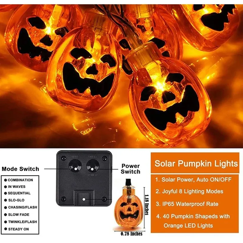 Cadena de luces de decoración navideña para Halloween, cadena de luces de calabaza Solar, resistente al agua, 100 luces LED para exteriores, hogar,