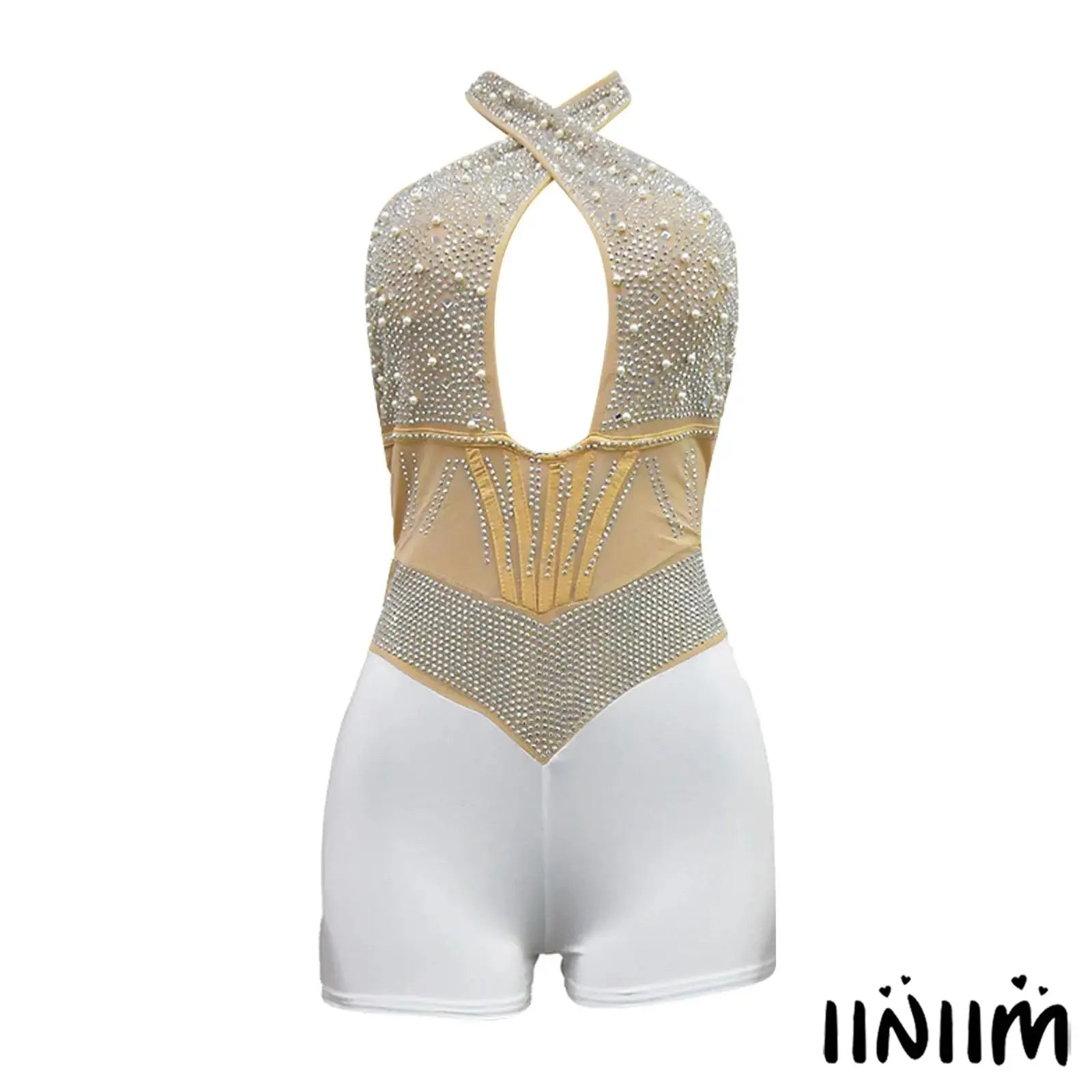 

Women's Figure Skating Dance Outfit Shiny Rhinestones Crossing Halter Gymnastics Jumpsuit for Salsa Tango Latin Ballroom Dance