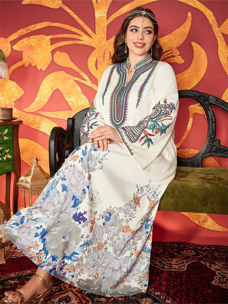 

Morocco Floral Print Jalabiya Abaya Dubai Kaftan Muslim Women Maxi Dress Caftan Marocain Femme Arabic Robe Abayas Plus Size New