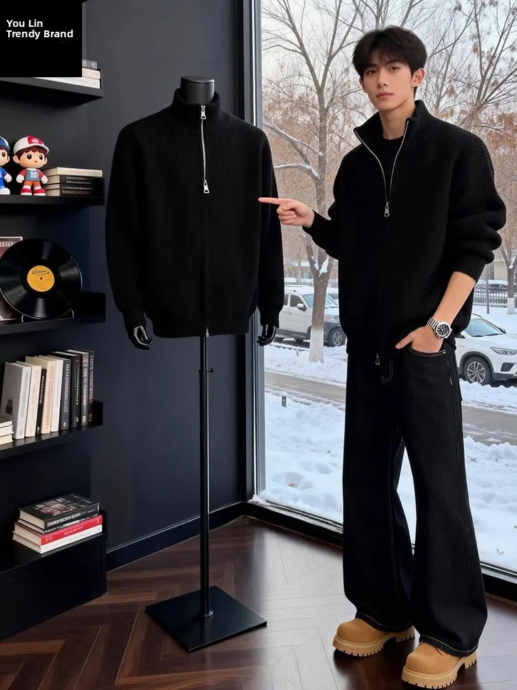 

Мужской вязаный свитер на молнии, зимний, плотный, для ношения под одеждой, в американском ретро-стиле, с воротником-стойкой, базовый трикотаж, куртка