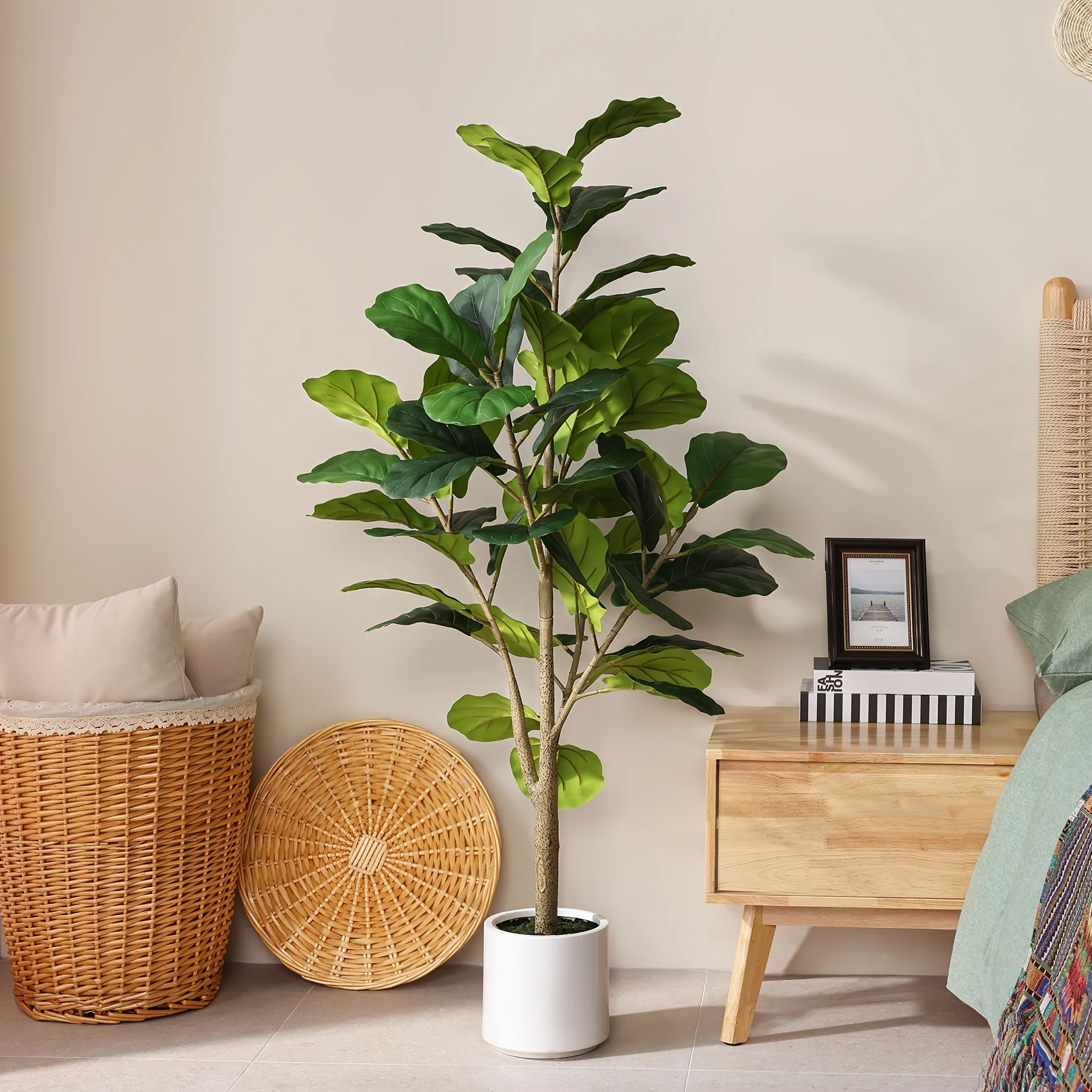 

4.5ft Realistic Artificial Fiddle Leaf Fig Tree with White Planter - Full Fake Ficus Lyrata Plant, Housewarming Gift