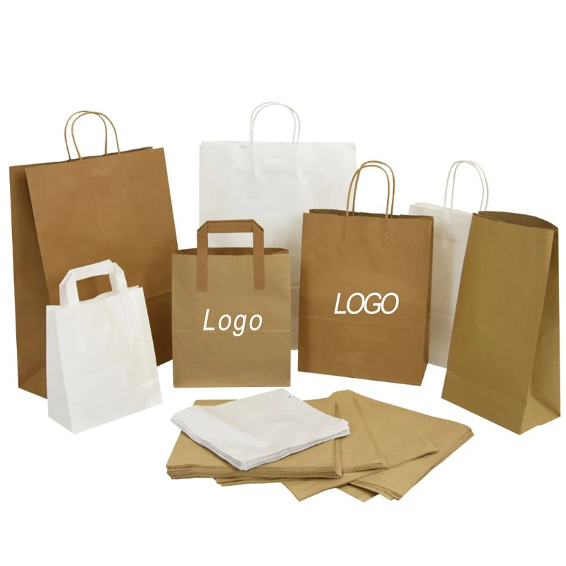 Bolsas de compras biodegradables con asa, embalaje de papel kraft marrón, producto personalizado