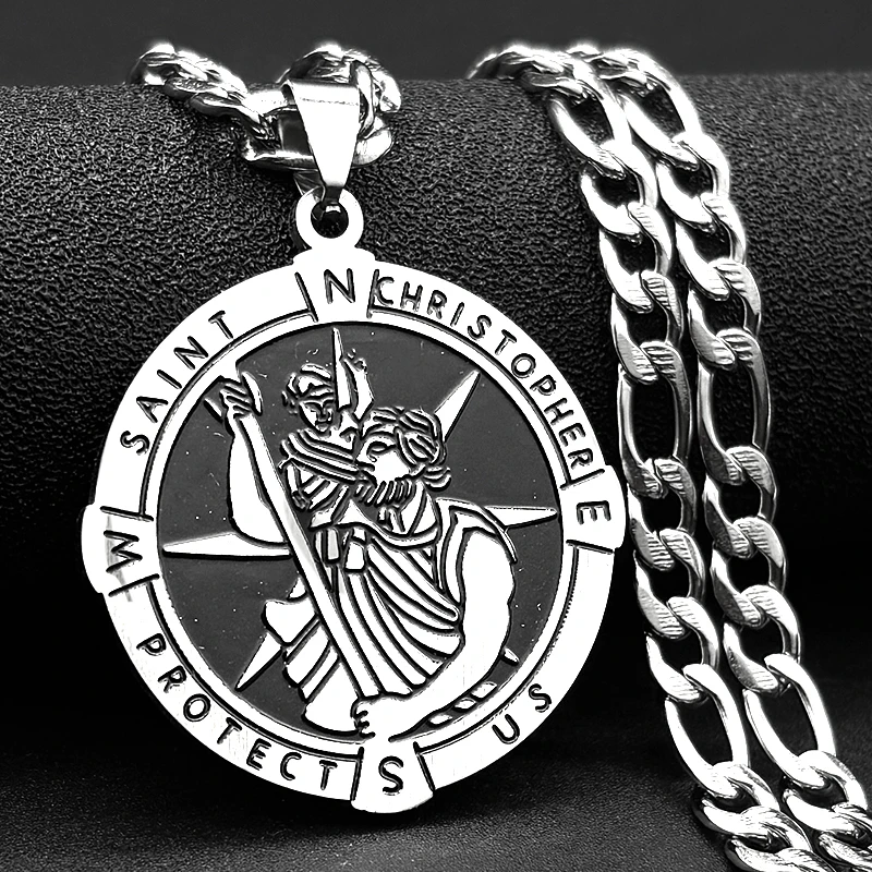 

Saint Christopher Protect Us Compass Pendant Necklace for Women Men Stainless Steel Gold Color Amulet Punk Chain Jewelry Gift
