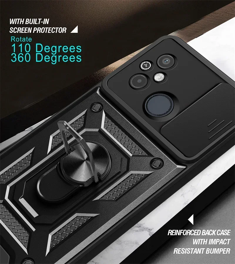 For Xiaomi Redmi 12C Case Shockproof Armor Ring Holder Phone Cases For Xiaomi Redmi 12C 12 C Redmi12C Slide Lens Protect Cover