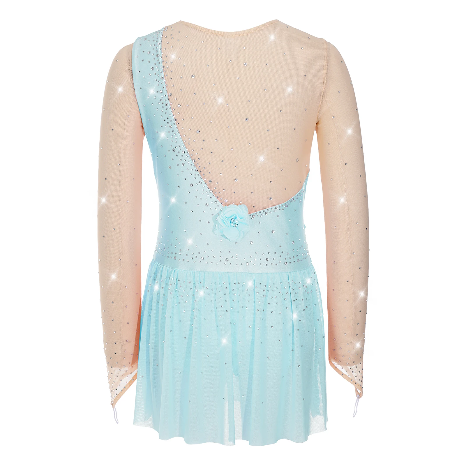Mädchen Glänzendes Strass-Gymnastik-Ballett-Lyrical-Tanz-Auftrittskostüm Langarm 3D-Blumen Eiskunstlauf-Netzkleid – Detail 4