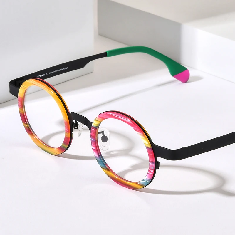 FONEX Acetate Titanium Glasses Frame Men 2024 New Women Colorful Retro Small Round Eyeglasses Vintage Eyewear F85816