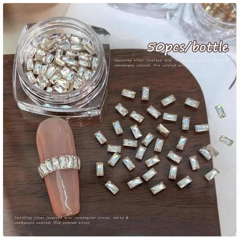 50Pcs Crystal White Rectangular Nail Zircon Champagne Transparent 5A Nail Diamond French Striped Nails Gemstones Decor 2*4mm