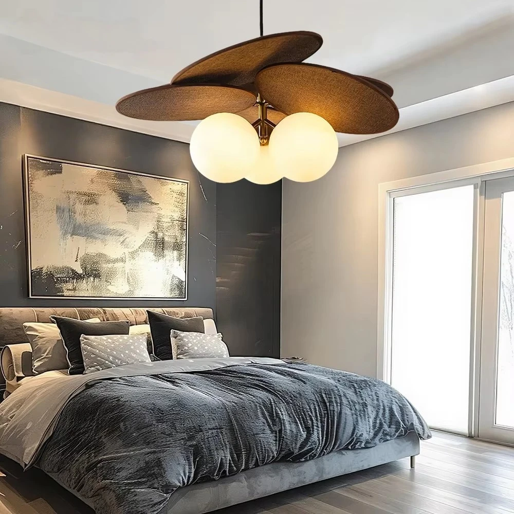 Vintage White Glass Chandelier For Bedroom Living Room Electroplated Pendant Lamp With Brown Raffia Woven Shade Hanging Lights