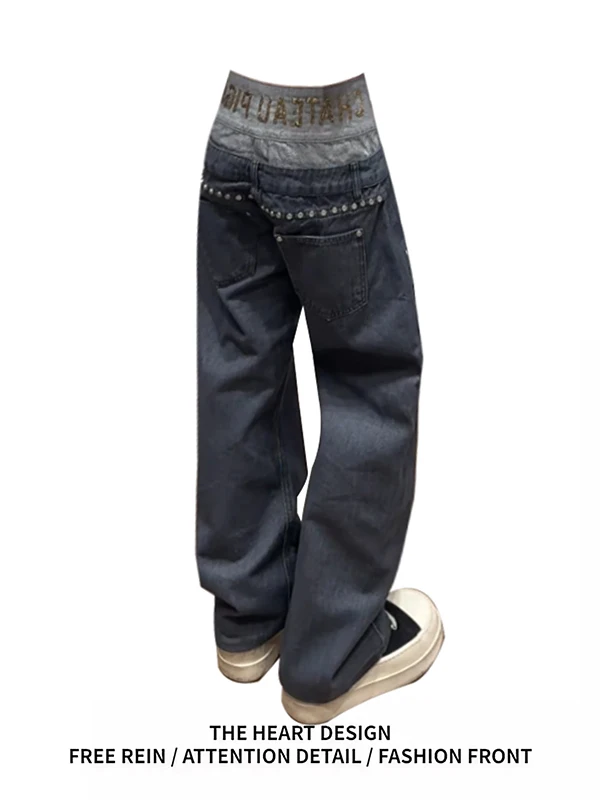 

American Retro Splicing Rivet Jeans Women's High Waist Slim Straight Leg Long Pants Spring New Design Casual Soft Comfortable