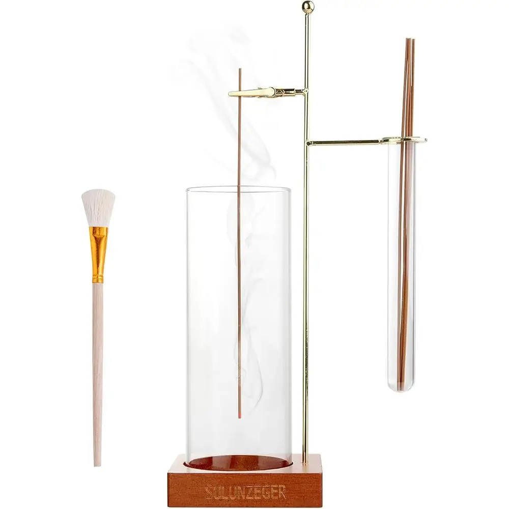 

Стеклянная подставка для благовоний с выдвижным поддоном для золы и отсеком для хранения палочек, деревянный держатель для конусов с щеткой, идеально подходит для йоги, спа-процедур, медитации