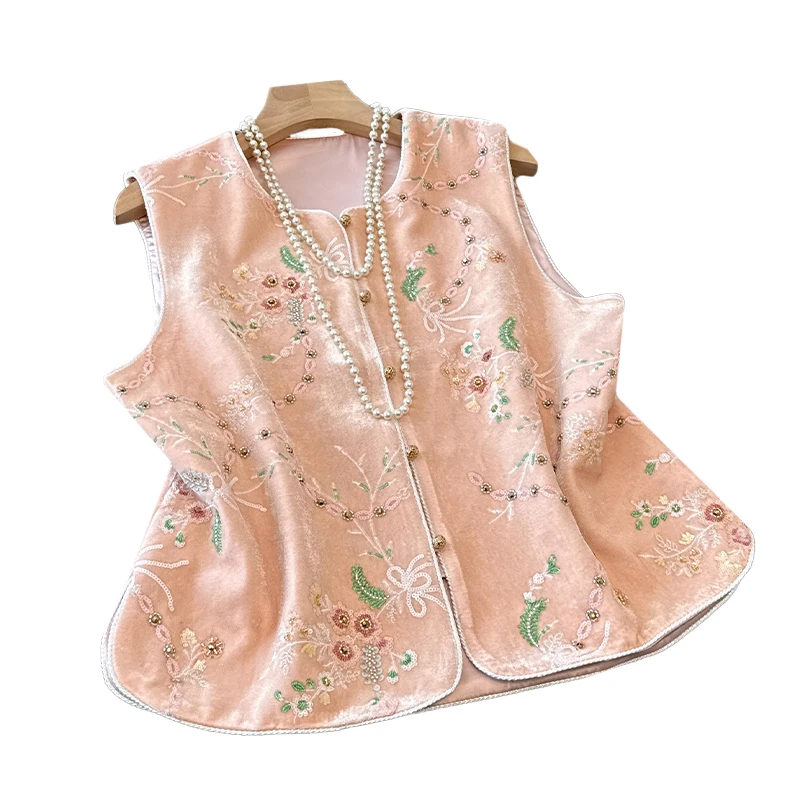 Ceco de Mujer de Manga Corta con Bordado Pesado Estilo Chino Nuevo, Novedad de Otoño, Sensación Premium, Sin Tirantes, Est...