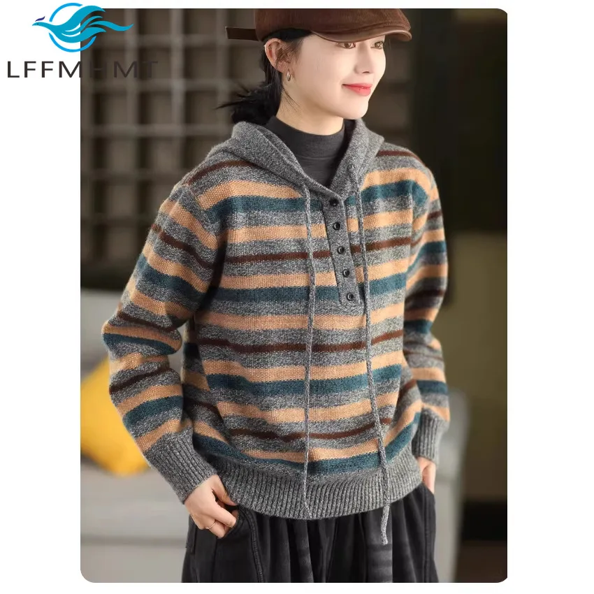 

Зимне-осенний модный женский классический элегантный полосатый свитер из 80% шерсти, утепленный теплый пуловер с капюшоном, повседневные вязаные топы
