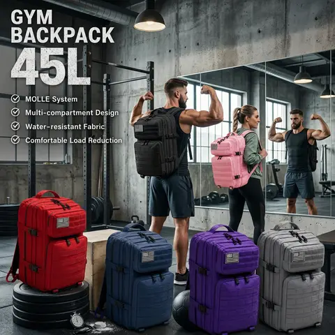 45L Tactical Gym Backpack Molle Large Capacity Multi Pocket Storage Bag Durable Wear Resistant Fitness Training Bag Heavy Duty Rucksack For Men Women Sports Workout Business Trips Outdoor Training Daily Commute Luggage Bag