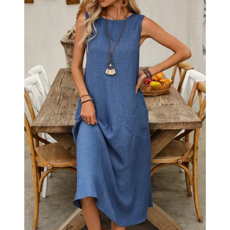 Sleeveless O Neck Casual Women's Long Dresses 2025 Summer New Solid Color Fashion Loose Pocket Female Beach Holiday Sundress