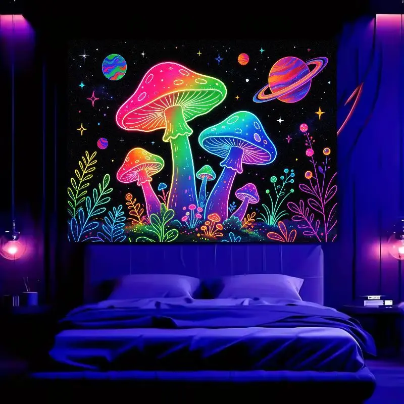 VIKAMA Rainbow Neon Mushroom Wall Tapestry Psychedelic Starry Polyester Tapestry Wall Hanging Bedroom Dorm Decor Fabric