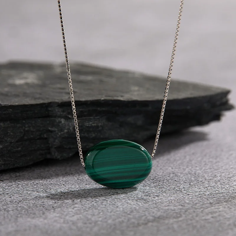 

Minimalism 925 Silver Natural Malachite Necklaces Round Oval Beaded Stone Pendant Sweater Chain Semi-precious Gemstone Jewelry