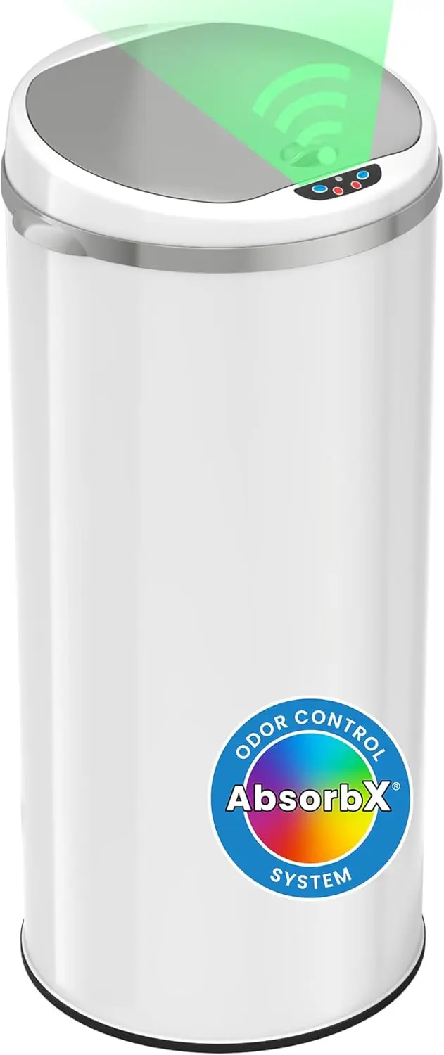 

50L Sensor Kitchen Trash Can with Odor Filter, Slim Round White Stainless Steel Automatic Garbage Bin for Home Office