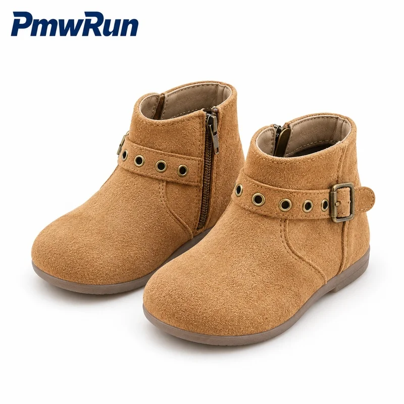 Vintage Winter Boots For Children PU Leather Waterproof Kid's Plush Footwear Anti-slippery Waterproof Girl's Padded Cotton Shoes