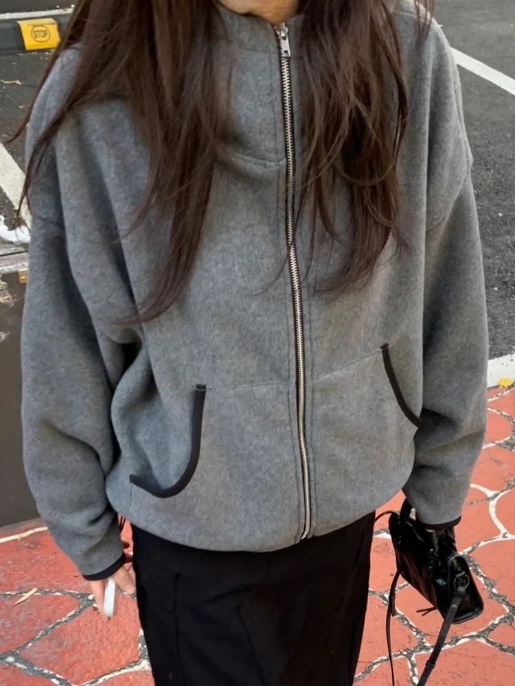 

Корейский модный универсальный открытый кардиган с капюшоном, женский зимний новый 2029, свободное шерстяное пальто на молнии, повседневное свободное пальто