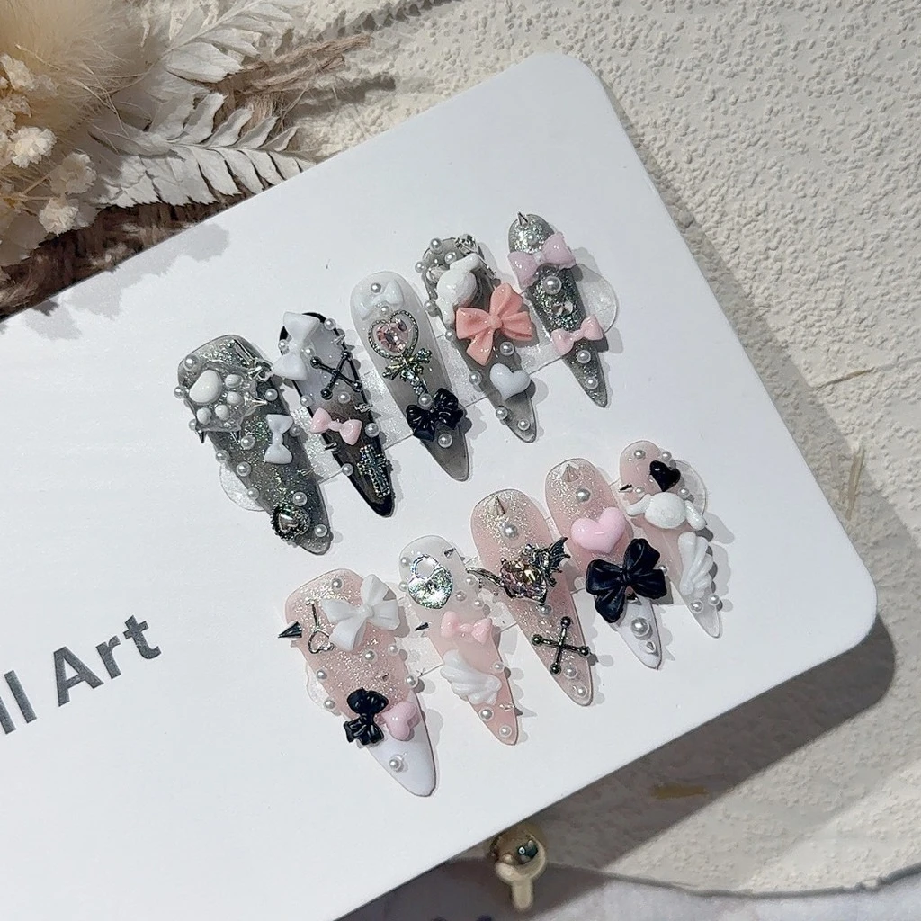 Jirai Y2K Spice Girl Black Pink Long Tip French Press On Nails Sweet Cool Menhera Nail Art 3D Bow Cross Kawaii Cute Fake Nails image 5
