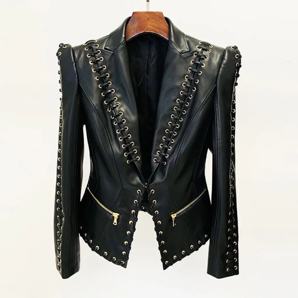 

Spot Women's Fashion Heavy Star Pattern Leather Jacket Slim Fit Coat with Tie Rope European American Style