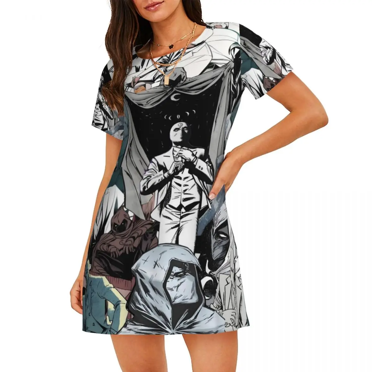 

Custom Moon Knight Women Nightgown Sleepwear Short Sleeves 3D Print Superhero For Vacations Travels Sleepshirts Women's Pajamas