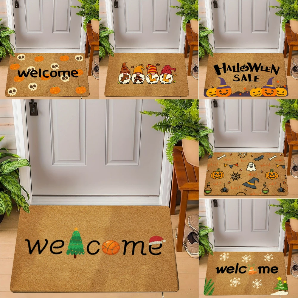 

1pc Christmas Welcome Door Mat Non Slip Floor Carpet with Skeleton Ghost Quote for Front Door Living Room Bedroom Kitchen Rug