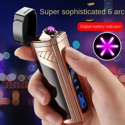 Luxury 6 ARC Flameless USB  Cool Lighter Touch Switch with Cigar Cutter Windproof Acendedor Eletrico Rechargable Gadgets for Men