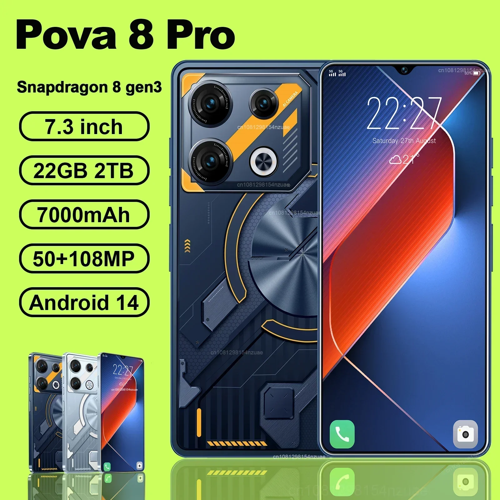 Original Pova 8 Pro Smartphone 5G 7.3inch HD 22G+2TB Cell Phone Dual SIM Mobile Phones 50+108MP 7000mAh Android 14 Unlocked NFC