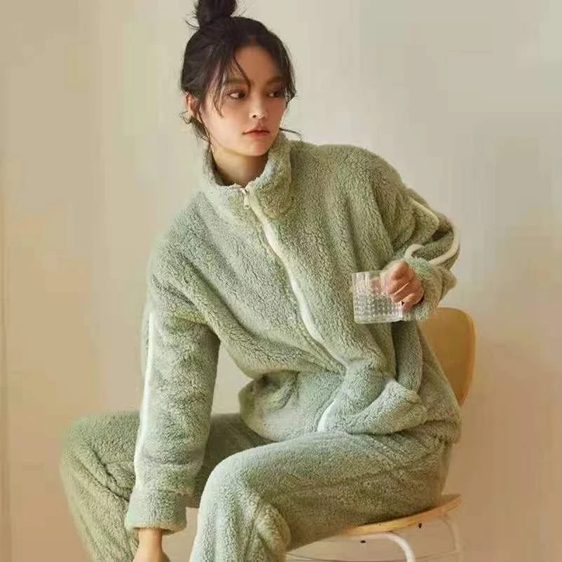 

Women's Pajama Set 2 Cps With Pants Winter Warm Ladies Sleepwear Fleeve Thick Zipper Pockets Homewear Pijama For Female 2024