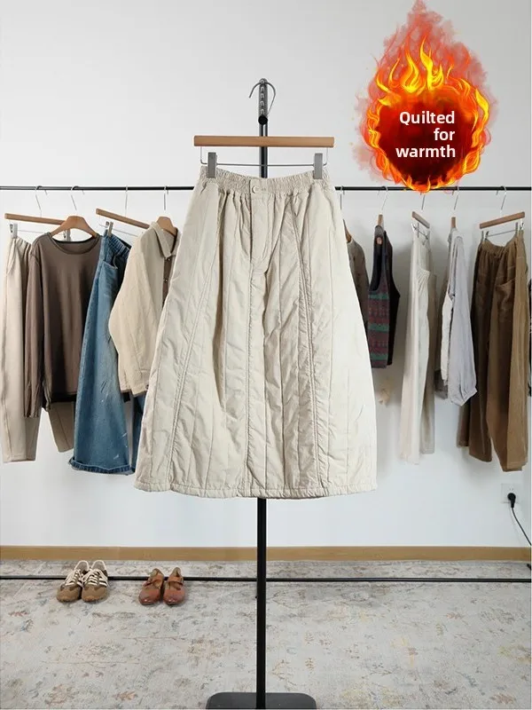 

Warm Stuffed Cotton A-Line Skirt Vertical Stripe High Waist Elastic Waist Large Size Women's Faionable Slimming Midi Skirt