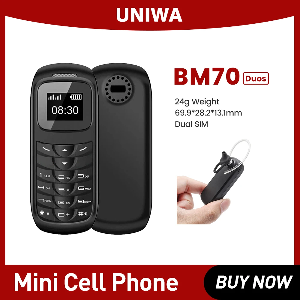 UNIWA BM70 DUOS Mini Mobile Phone Stereo 2G Cellphone GSM Super Thin GSM Small Phone Wireless Bluetooth Earphone