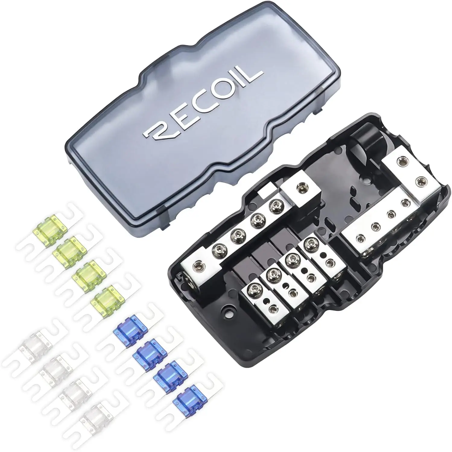 

MPG4 4-контактный мини-распределительный блок с предохранителем ANL с заземлением, 2 калибра 0/2/4, выходной диаметр 4x 4/8, 12 предохранителей