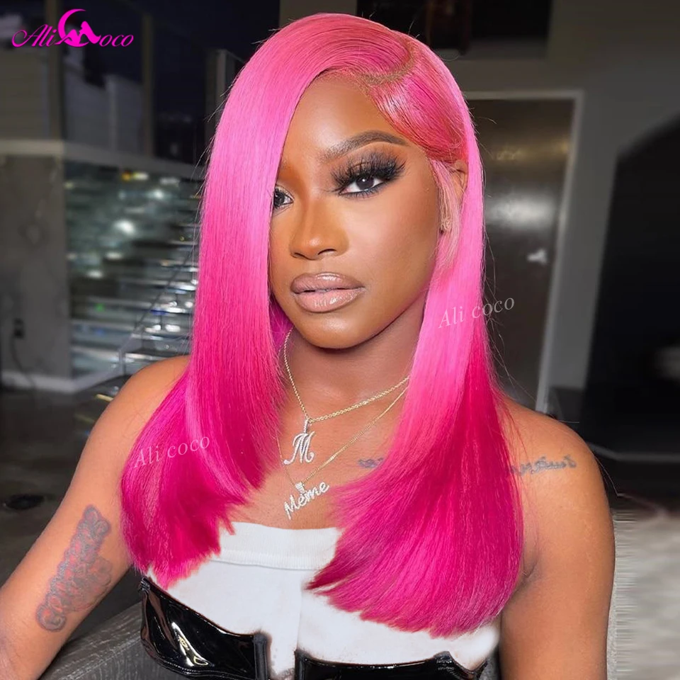 

Pink 13x4 Short Bob Wigs Lace Frontal Human Hair Wigs Transparent Silky Straight Wigs Brazilian Hair For Women Pre Plucked Wigs