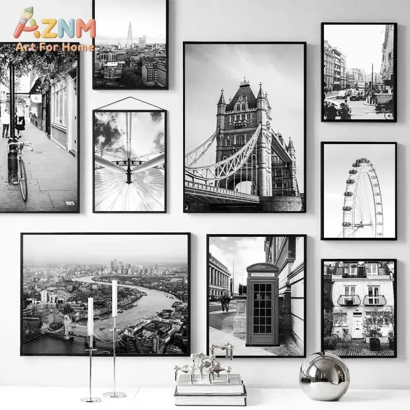 AZNM Black White London Cityscape Canvas Wall Art, Vintage London Landmark Photo Print, Unframed Canvas Painting for Living Room