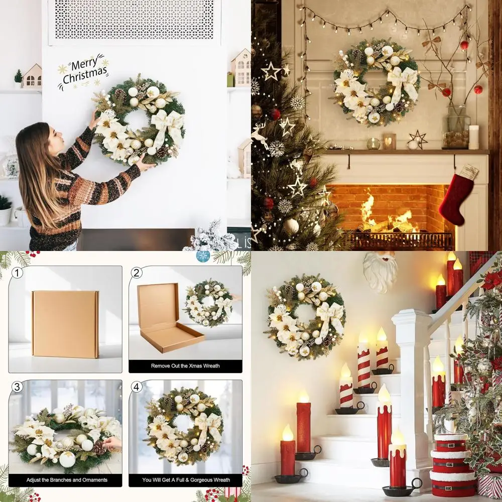 

24 искусственных рождественских венок на батарейках с бантами шампанского, ягодами и сосновыми шишками для уличного/внутреннего праздничного декора