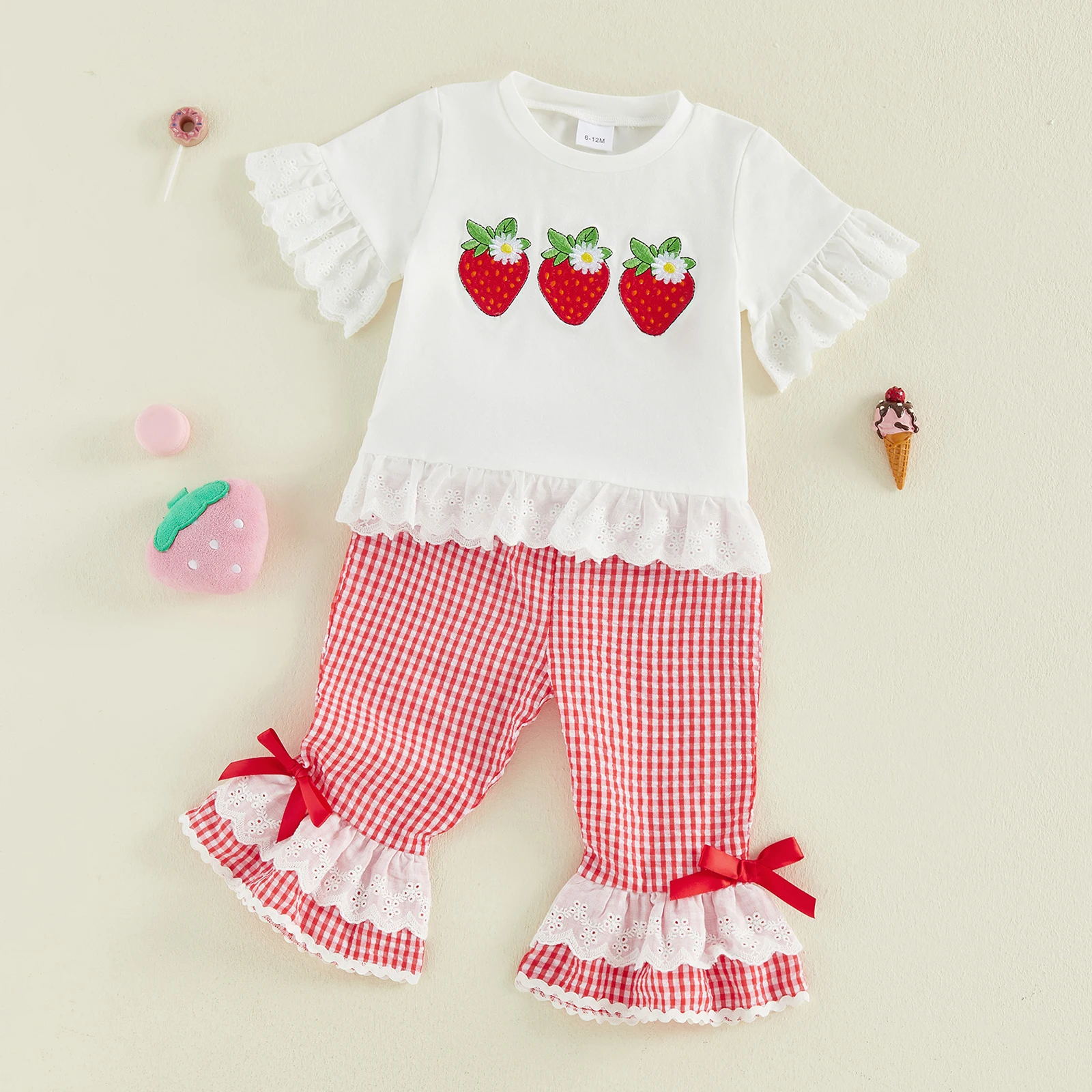 1-5Y Toddler Baby Girl Summer Outfits Strawberry Lace Trim Crew Neck Short Sleeve Tops Plaid Flared Pants 2 Pcs Set