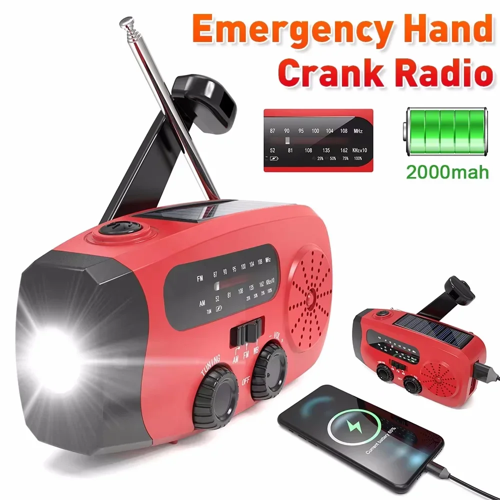 Multifunctional Solar Hand Crank Radio FM AM WB NOAA Weather Radio 2000mAh USB Charging Emergency LED Flashlight Power Ban