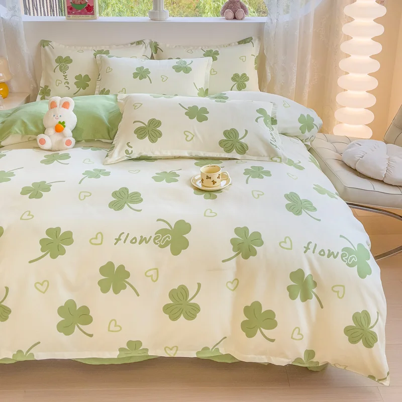 Green Clover Duvet Cover Double Size Love Heart Bedding Set Soft Microfiber Comforter Cover Kids Girls Home Bedroom Quilt Cover