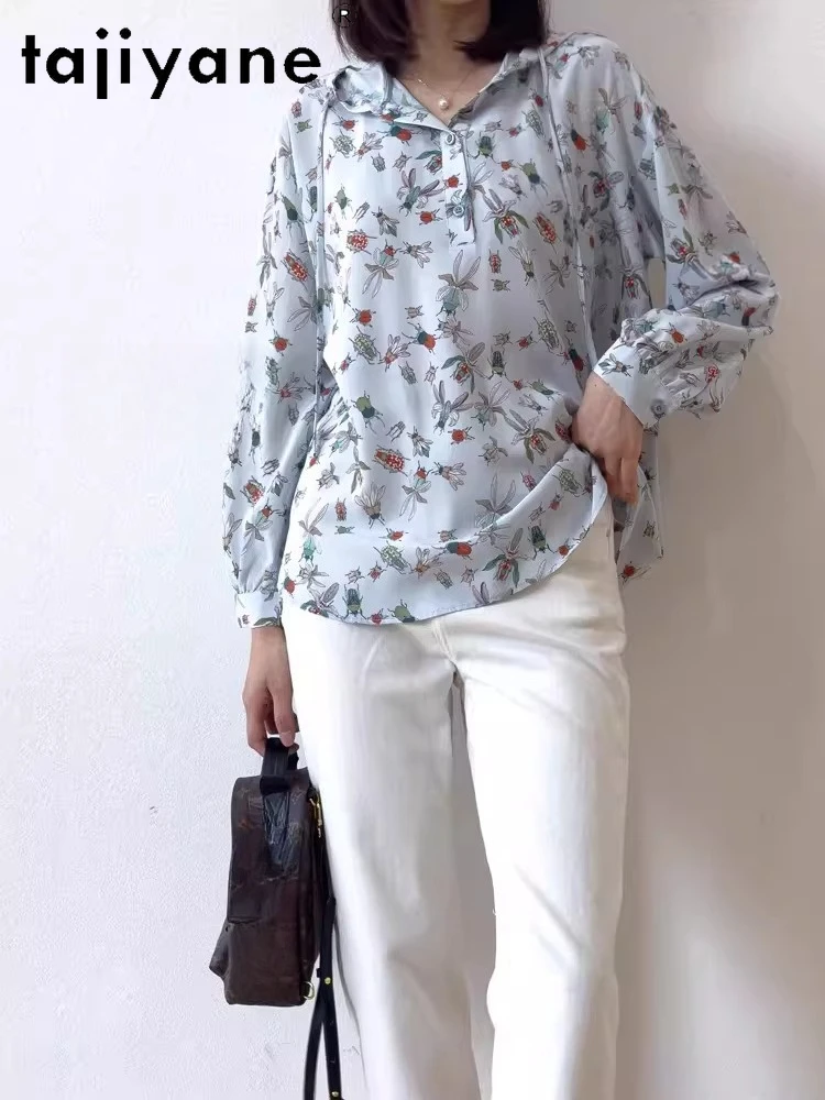 TAJIYANE 100% Real Mulberry Silk T Shirts Woman Elegant Blue Print Hooded T-shirt Casual Spring Tops 2026 Women Clothes футболка
