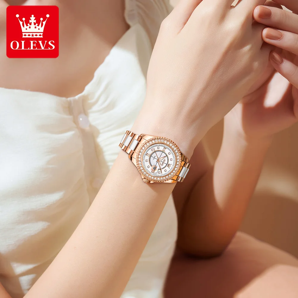 OLEVS 3685 Women Watch Original Elegant Quartz Watch Waterproof Luminous Steel And Ceramic Bracelet Date Watches For Women Gifts