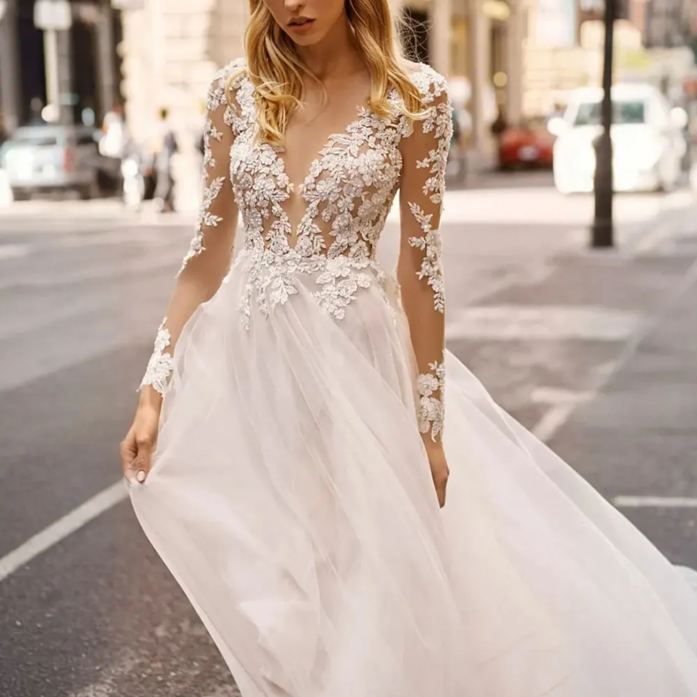 Beach Boho A Line abiti da sposa in Tulle scollo A V profondo maniche lunghe pizzo Appliqued abiti da sposa con spacco alto per la sposa araba africana