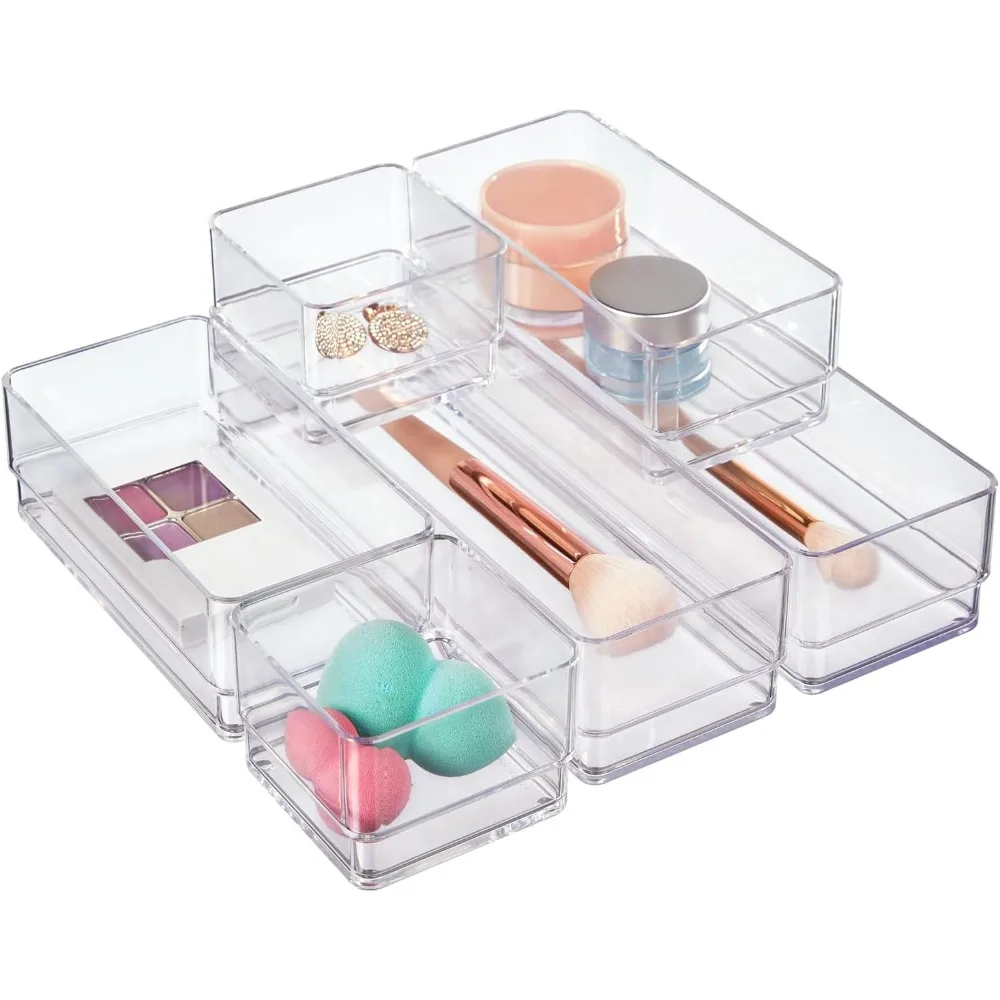 

6-Piece Clear Multi-Size Drawer Organizer Set – Stackable Bins for Bathroom, Vanity & Desk